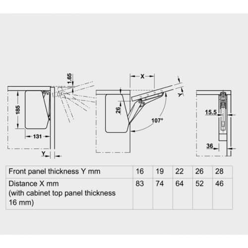Kích thước bộ tay nâng FREE FLAP 3.15 Hafele 493.05.850 nắp trắng