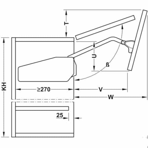 Kích thước bộ tay nâng FREE FOLD SHORT Hafele 493.05.736, xám