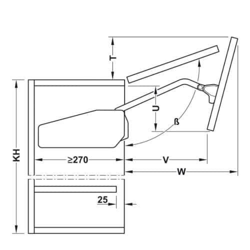 Kích thước bộ tay nâng FREE FOLD SHORT Hafele 493.05.738, xám