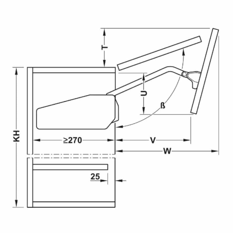 Kích thước bộ tay nâng Free fold short Hafele 493.05.890 Kích thước bộ tay nâng Free fold short Hafele 493.05.890