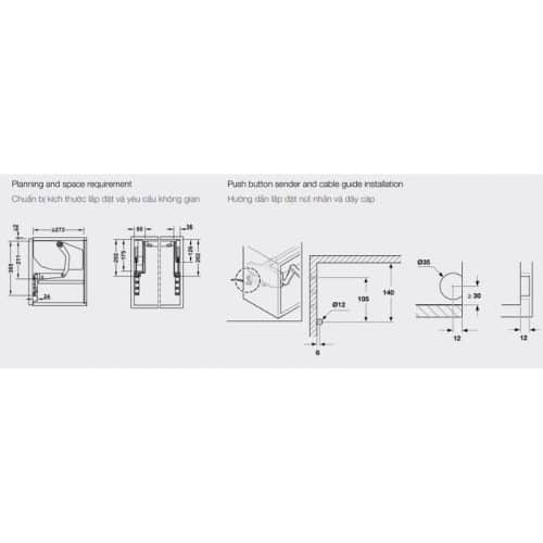 Kích thước bộ tay nâng FREE SWING E Hafele 372.29.715 xám