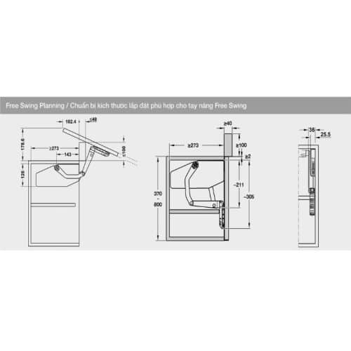 Kích thước bộ tay nâng FREE SWING Hafele 493.05.774, đen