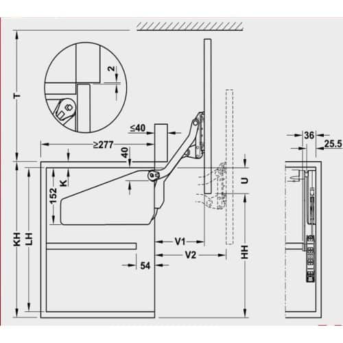 Kích thước bộ tay nâng FREE UP Hafele 493.05.790 nắp trắng