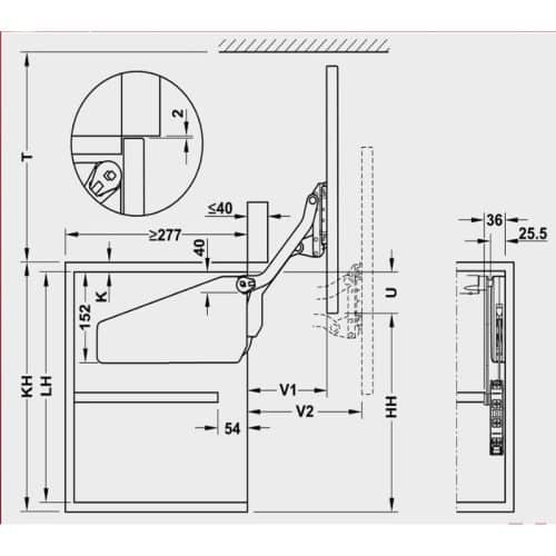 Kích thước bộ tay nâng FREE UP Hafele 493.05.792 nắp trắng