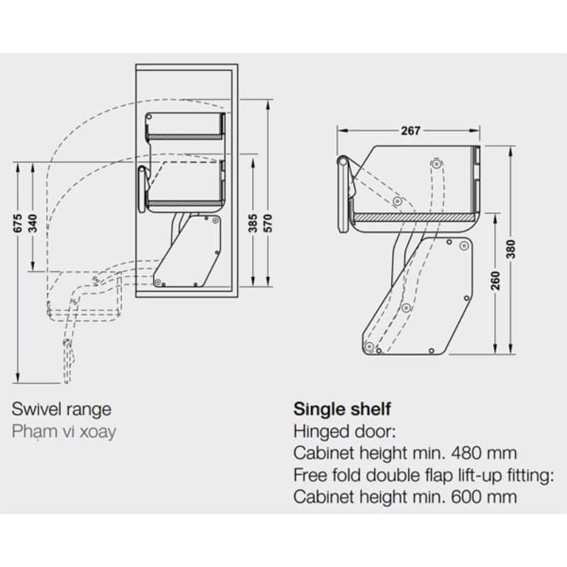 Kích thước kệ nâng hạ cho tủ bếp rộng 600mm, 1 khay, Hafele 504.68.913 Kích thước kệ nâng hạ cho tủ bếp rộng 600mm, 1 khay, Hafele 504.68.913