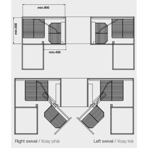 Kích thước bộ tủ góc gắn cánh trước, mở trái CLEARANCE Hafele 548.21.012