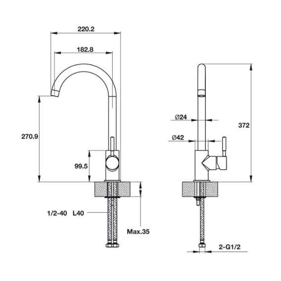Kích thước vòi rửa bát HT19-GH1F270 Hafele 570.51.390