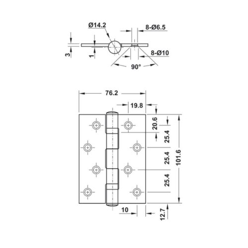 Kích thước bản lề lá 2 vòng bi 70kg màu đồng bóng Hafele 926.20.881