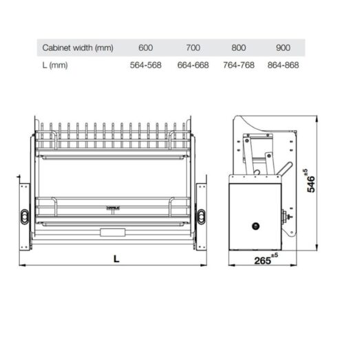 Giá bát nâng hạ Hafele Oria 504.71.074 700mm 4 Kích thước giá bát nâng hạ Hafele Oria 504.71.074 700mm