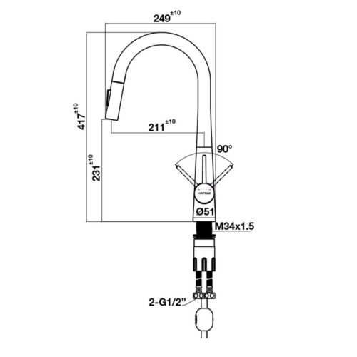 Vòi rửa bát nóng lạnh Hafele HT24-SH1P417-BR 570.85.041 có dây rút 5 Kích thước vòi rửa bát nóng lạnh Hafele HT24-SH1P417-BR 570.85.041 có dây rút