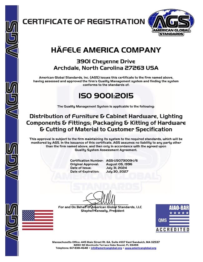 hafele america company tai chung nhan iso 9001 2015 giai doan 2024 2027
